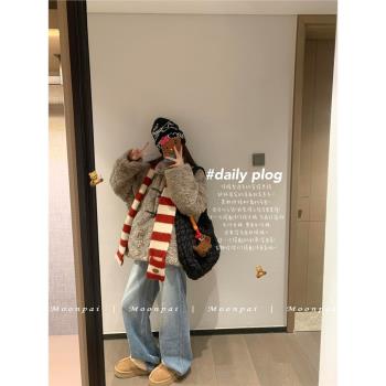 Moonpai/立領牛角扣羊羔毛中長款毛毛外套女皮毛一體保暖上衣冬季