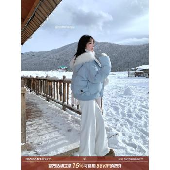溺水三魚針織加絨褲子小個子休閑褲女秋冬加厚保暖白色直筒闊腿褲