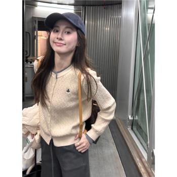 法式學院風假兩件針織開衫女秋冬小個子外搭韓版百搭短款刺繡上衣