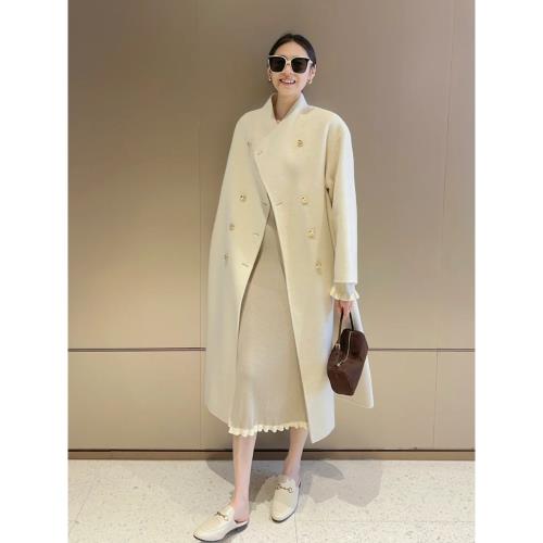 米白色雙面羊絨大衣女2024秋冬中長款韓版高級感寬松羊毛呢子外套
