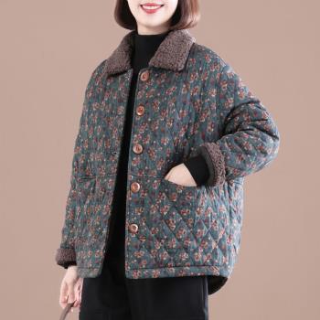 中年女秋冬季棉麻加絨夾棉棉襖碎花媽媽復古休閑加厚棉衣外套