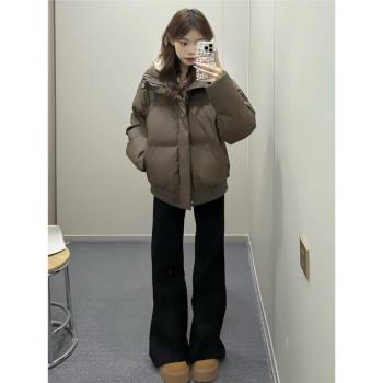 美式復古純色立領棉服女2024新款冬季加厚PU皮麵包服短款棉衣外套