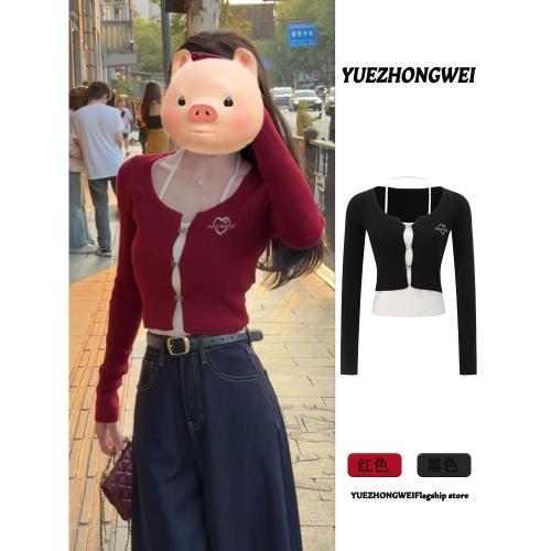 紅色假兩件長袖掛脖針織衫女2026初早春季新款小個子辣妹短款上衣