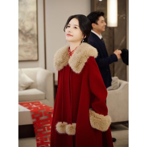 蘇愛【驚鴻】紅色大衣女2025新款冬季新娘結婚雙面羊毛呢外套毛領
