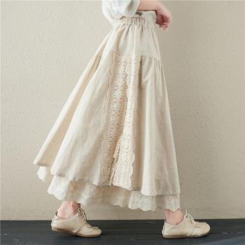 森女日系內襯重工刺繡中長款亞麻