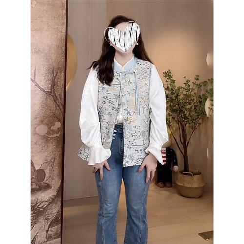 佳佳大碼女裝新中式國風提花刺繡馬夾女早春胖mm顯瘦馬甲外套上衣