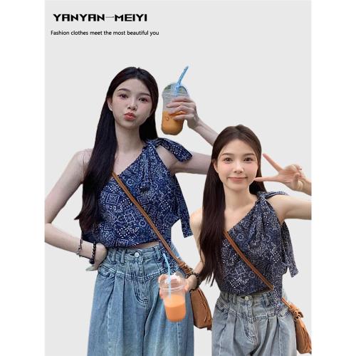 海邊穿搭度假風斜肩碎花綁帶女設計感西雙版納辣妹單肩露肩上衣夏