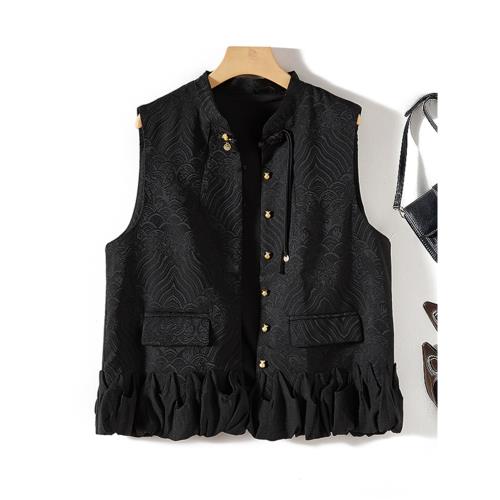 質感高階@暗紋提花緞面金扣復古馬甲女單排扣無袖坎肩中式短外套