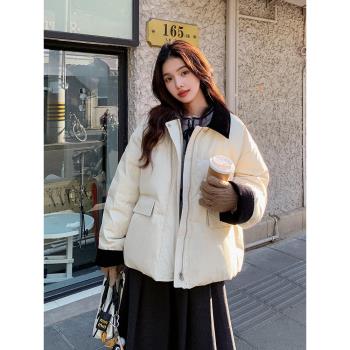 米白色撞色翻領羽絨服女2024冬季新款時尚減齡小個子白鴨絨厚外套