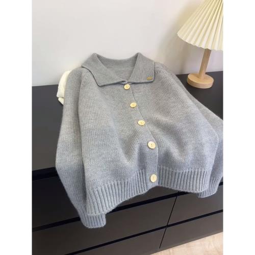 舒服的我滿地找牙！軟糯糯灰色單排扣polo開衫早秋高端馬海毛毛衣