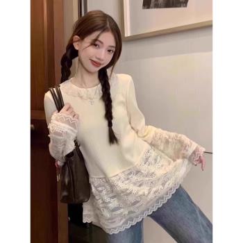 法式甜美少女蕾絲打底衫女秋季設計感拼接下擺蕾絲邊氣質內搭上衣