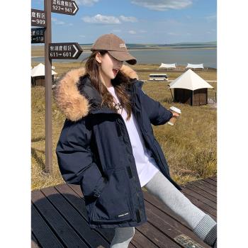 藏青色派克羽絨服女連帽2024新款小個子學院風加厚大毛領工裝外套