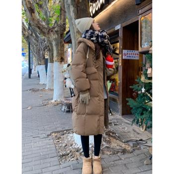 美拉德連帽羽絨服女中長款2024冬季新款韓版寬松加厚90白鴨絨外套