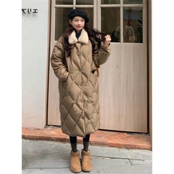 Theory Harvey 菱格羽絨服女中長款2024冬季新款寬松加厚過膝外套