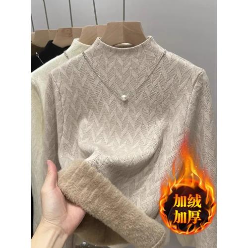 半高領加絨加厚女士毛衣打底衫上衣2025秋冬裝新款羊毛針織衫內搭