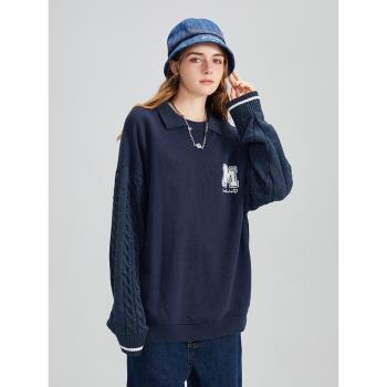 LAMLICKA美式復古字母廓形套頭衛衣男女oversize針織袖子深藍衣服