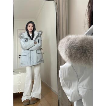 大毛領工裝派克羽絨棉服女中長款冬季寬松設計感小眾加厚加絨外套