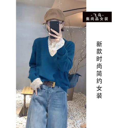 復古氣質蕾絲拼接假兩件長袖針織衫上衣女2025新款慵懶風春季毛衣