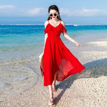 紅色沙灘裙波西米亞長裙夏季海邊度假雪紡V領吊帶露背連衣裙超仙