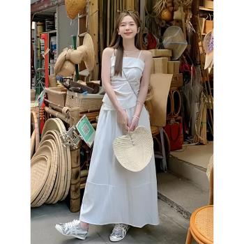 韓版甜酷時尚套裝女夏季小個子白色修身吊帶上衣高腰半身裙兩件套