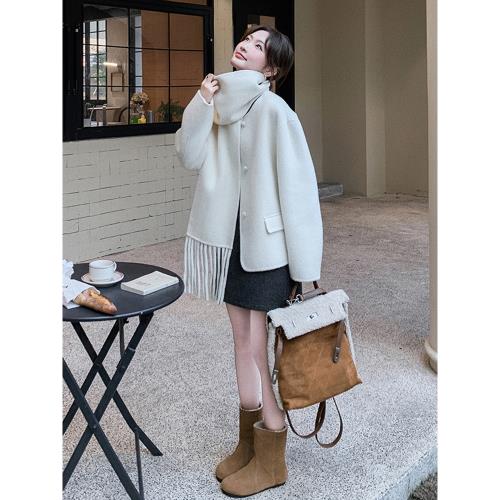 米白色圍巾羊毛雙面呢子外套女冬新款小個子輕奢甜美短款羊絨毛呢