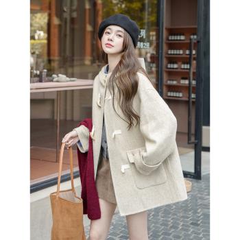 小個子雙面羊絨大衣女高級感2025春季新款韓系連帽牛角扣羊毛大衣