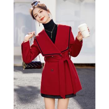 新年紅色雙面羊絨大衣女2024春裝新款時尚收腰小個子氣質毛呢外套