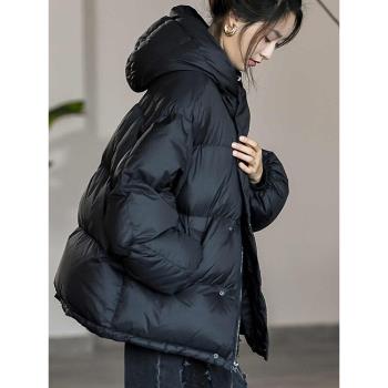 法式輕奢輕薄連帽棉服女2025冬新款時尚短款黑色寬松保暖加厚外套