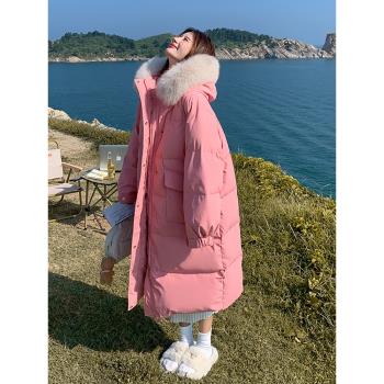 粉色長款羽絨棉服女冬季爆款棉衣2024新款設計感加厚大毛領麵包服