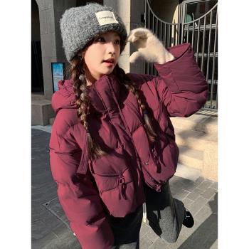 安哥拉紅小個子連帽羽絨服女2024年冬季新款時尚保暖白鴨絨短外套