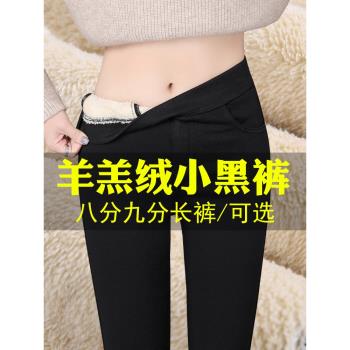 加絨小黑褲小個子九分冬季加厚羊羔絨棉褲子外穿八分小腳打底褲女