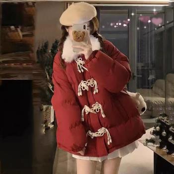 紅色冬季羽絨服女中長款小個子新年戰袍牛角扣國風新中式棉服棉襖