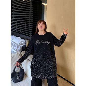 閃閃繁星燙鉆厚款大碼T恤女裝冬季打底衫200斤胖mm寬松長袖上衣潮