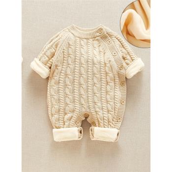 新生嬰兒毛線衣服秋冬套裝哈衣寶寶加厚連體衣幼兒加絨毛衣打底衫