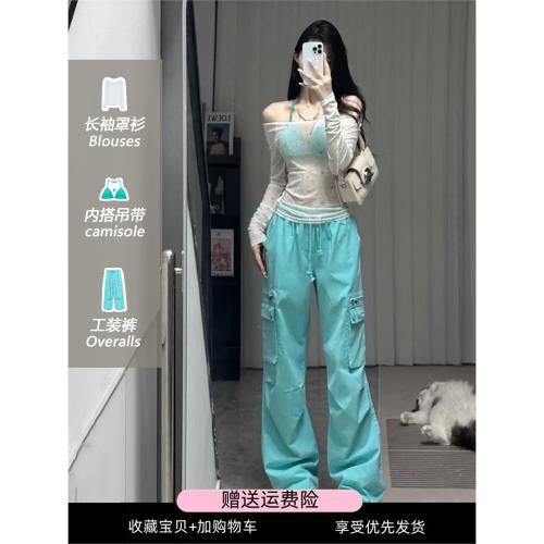 美式多巴胺工裝褲女夏季薄款設計感寬松闊腿傘兵運動休閑褲長褲