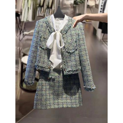 綠色小香風短款外套女2025春新款流蘇毛邊名媛氣質圓領時尚夾克