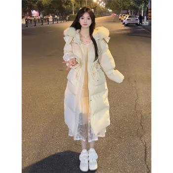 甜美風減齡連帽羽絨棉服大衣女冬季款荷葉邊毛領中長款收腰外套潮