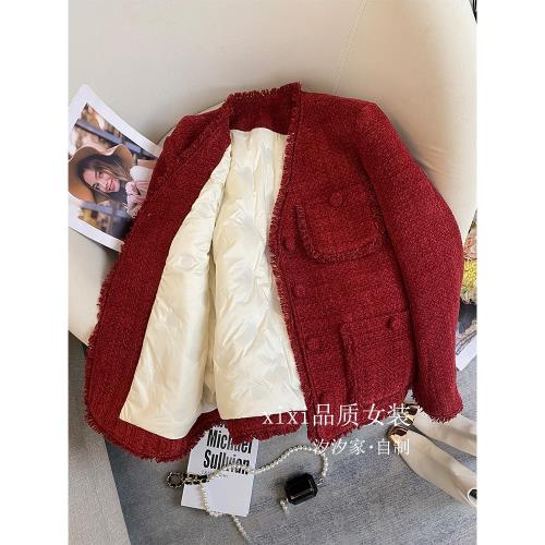 車厘子紅色小香風羽絨服女冬季2025新款高端法式氣質羊毛呢子外套
