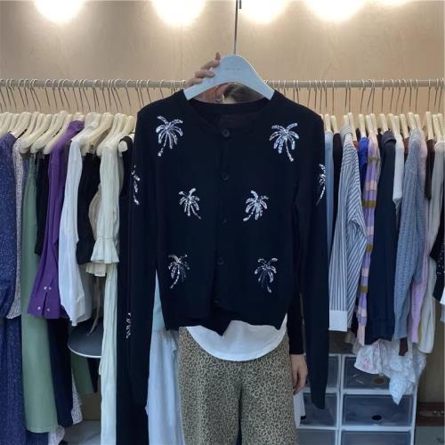 初秋設計感重工亮片針織開衫女氣質時尚百搭V領長袖上衣外套顯瘦