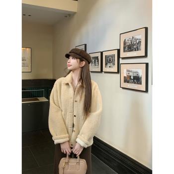 Bigking大金家 卡其色皮毛一體毛毛外套女冬寬松拼接棉服翻領上衣
