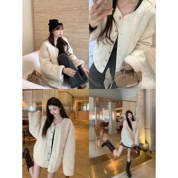 Bigking大金家 白色菱格棉服女冬季雙面穿羊羔毛保暖棉衣夾棉外套