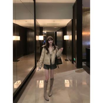 Bigking大金家 立體格紋棉服外套女冬保暖大翻領羊羔毛雙面穿上衣