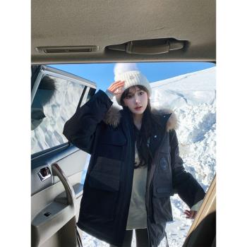bigking大金家 大毛領派克服羽絨服女冬季工裝保暖貉子毛連帽外套