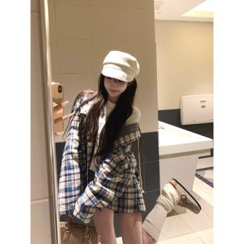 Bigking大金家 藍色復古格紋外套女秋冬寬松顯瘦連帽正肩開衫上衣