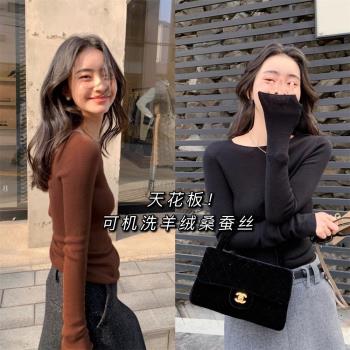抗起球無縫一體真絲羊絨毛衫內搭打底修身針織衫半高領秋冬毛衣女