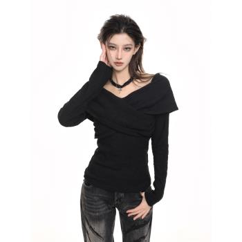 美式黑色v領交叉一字肩針織毛衣女春秋款修身內搭打底衫露肩上衣