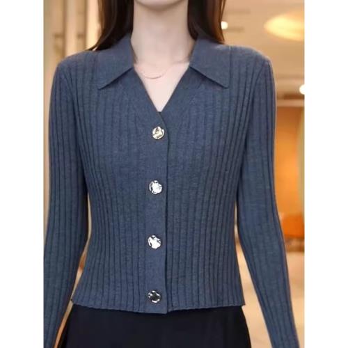 翻領紅色針織開衫女2025春季新款修身顯瘦短款長袖上衣打底衫內搭