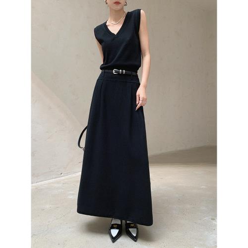 JWUNIQUE酒窩 黑色連衣裙套裝女2026年夏季無袖V領上衣半身裙長裙