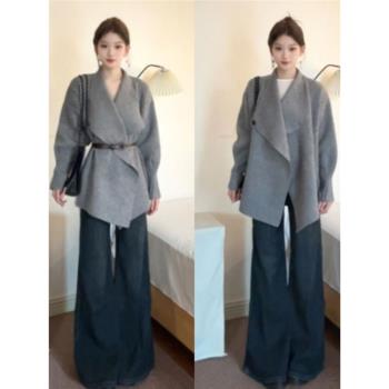 赫本風高級感超好看灰色翻領針織外套中長款小個子大衣女深秋初冬