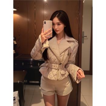 小香風杏色菱格羽絨棉服女收腰設計感小眾小個子翻領洋氣棉衣外套